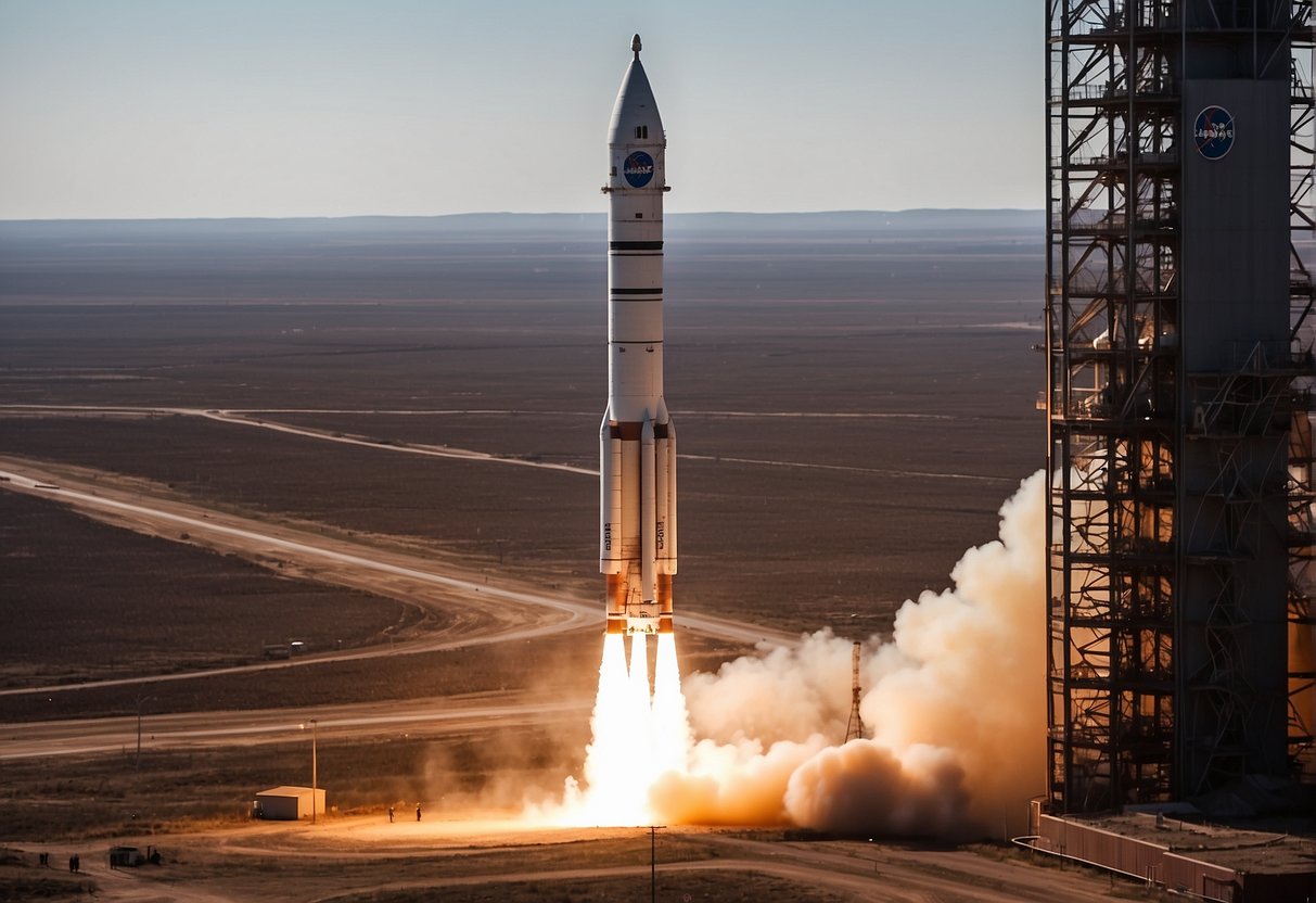 A rocket launches from the Baikonur Cosmodrome, surrounded by the vast expanse of the Russian steppes. The iconic Roscosmos logo is prominently displayed on the side of the rocket