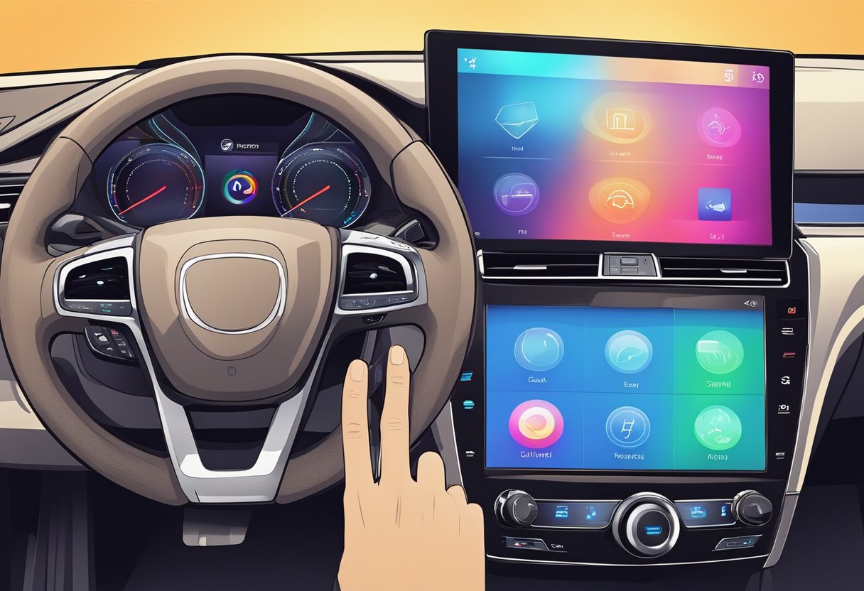A hand reaches out to touch the responsive capacitive touch screen car stereo. The sleek display illuminates with vibrant colors and sharp graphics, showcasing its user-friendly interface and advanced technology
