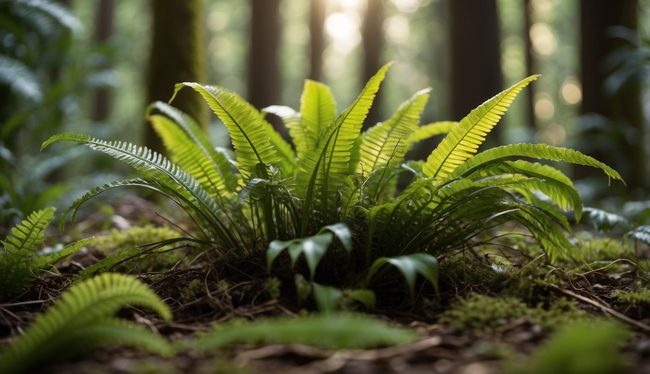 A lush forest floor with dappled sunlight, showcasing the growth of a Bird's Nest Fern from soil to full fronds