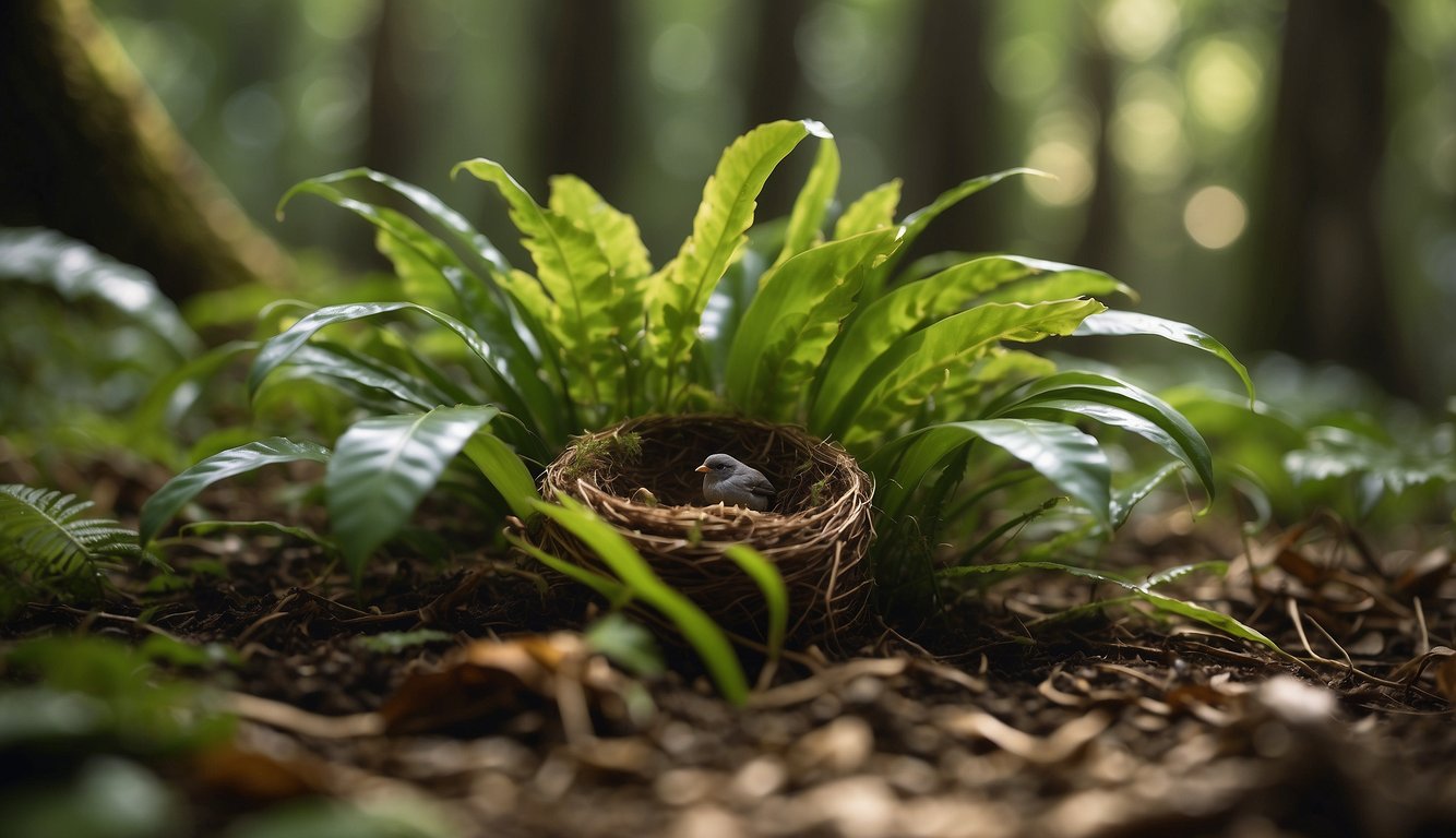 A lush forest floor with dappled sunlight, showcasing a young Bird's Nest Fern growing from the rich, moist soil, surrounded by fallen leaves and small wildlife