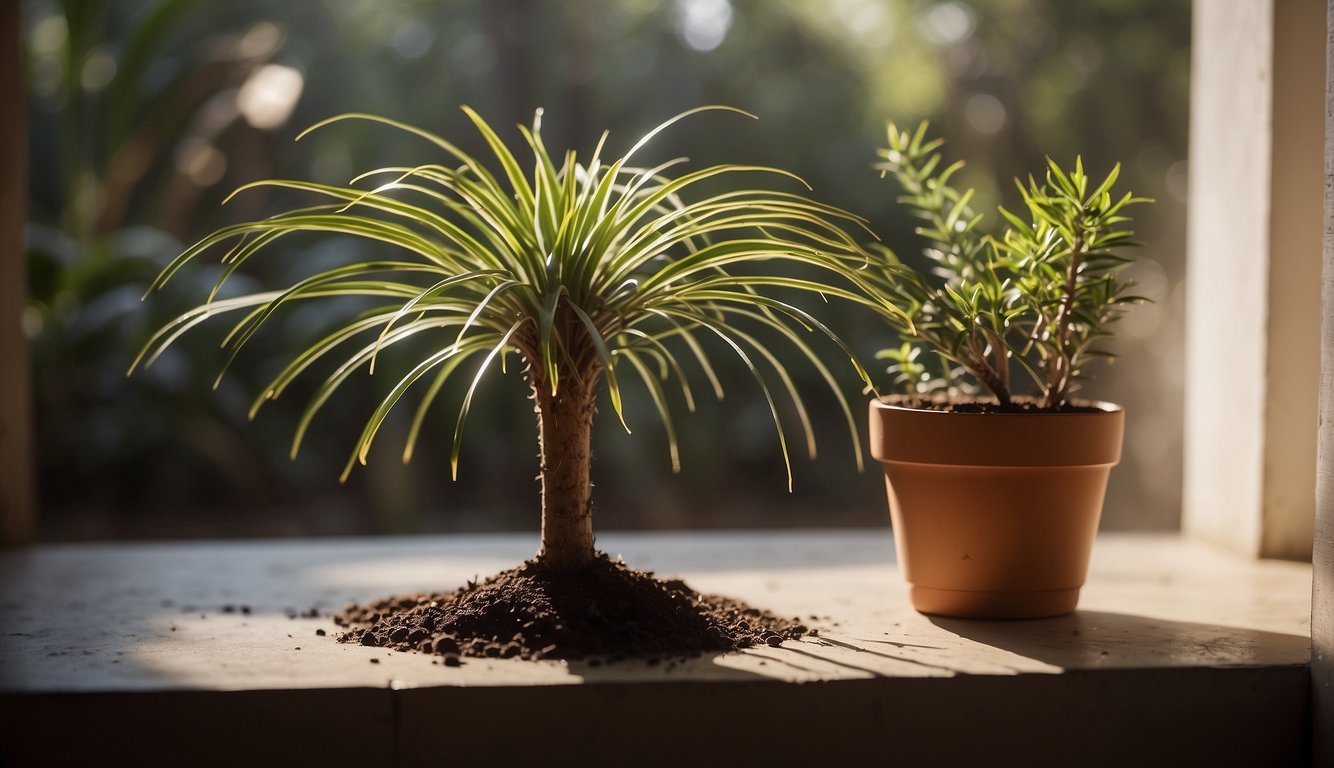 A Madagascar Dragon Tree cutting is placed in a pot of moist soil, with a misting bottle nearby. Bright, indirect sunlight filters through a nearby window, illuminating the scene