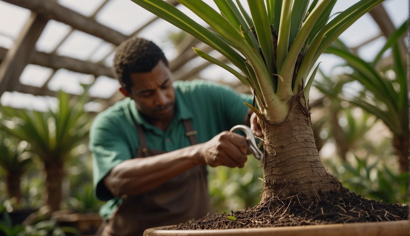 A mature Madagascar Dragon Tree is being propagated through stem cuttings. A gardener trims a healthy, leafy stem and prepares it for rooting in water or soil