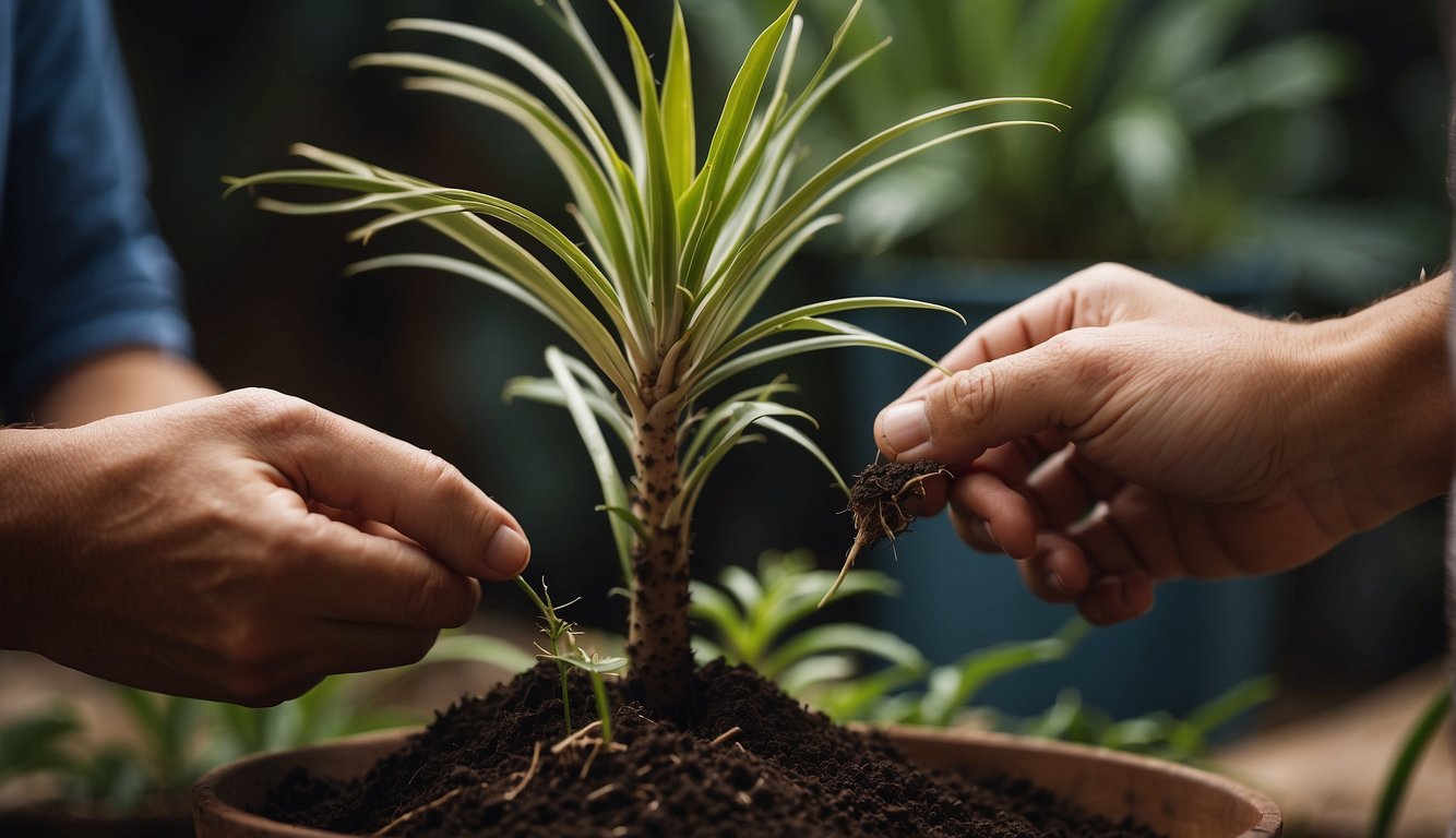 A pair of hands carefully trims a stem from a Madagascar Dragon Tree. The stem is then placed in a pot of soil, ready to propagate and grow