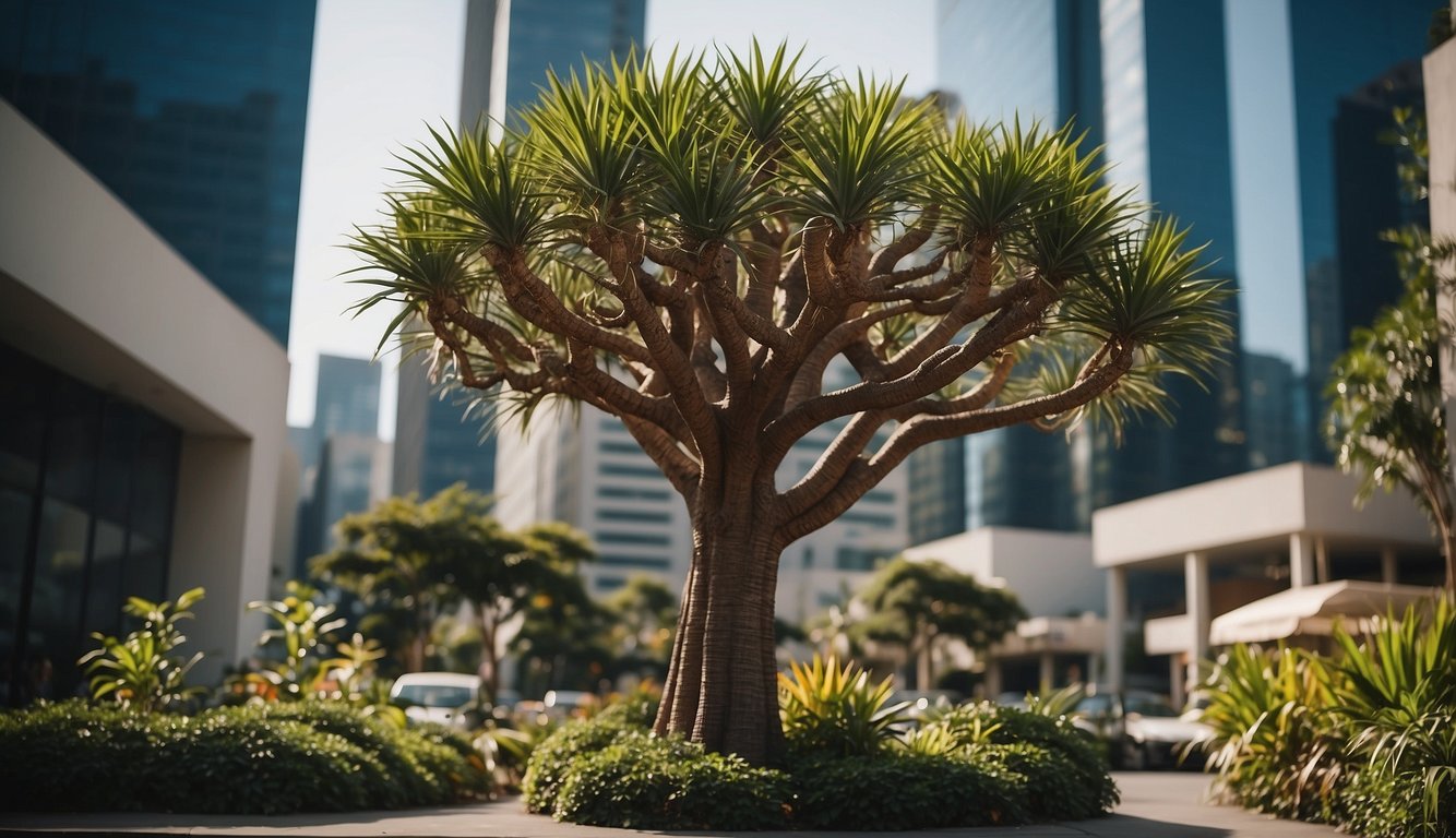A Madagascar Dragon Tree stands in a modern urban setting, surrounded by tall buildings and bustling city streets. The tree is thriving amidst the urban jungle, symbolizing resilience and adaptability