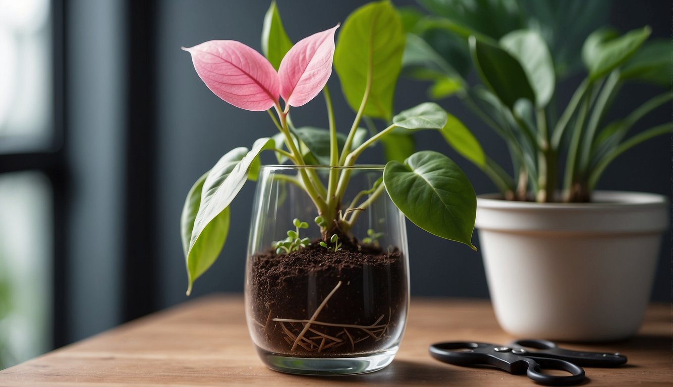 A pink princess philodendron cutting sits in a glass of water, roots beginning to sprout. A pair of pruning shears and a small pot with soil are nearby