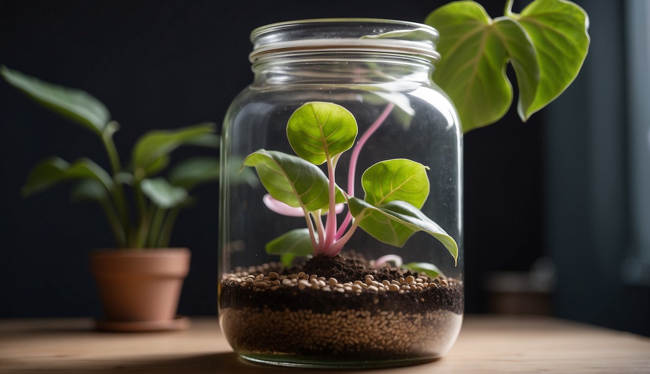 A healthy pink princess philodendron cutting is placed in a jar of water, with nodes submerged, ready for propagation