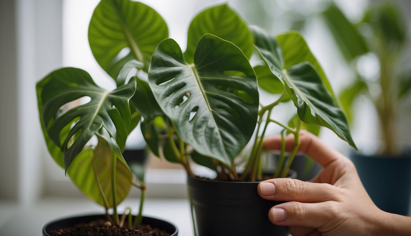 A mature pink princess philodendron is carefully trimmed, with cuttings placed in water to propagate. The process is documented in a step-by-step guide