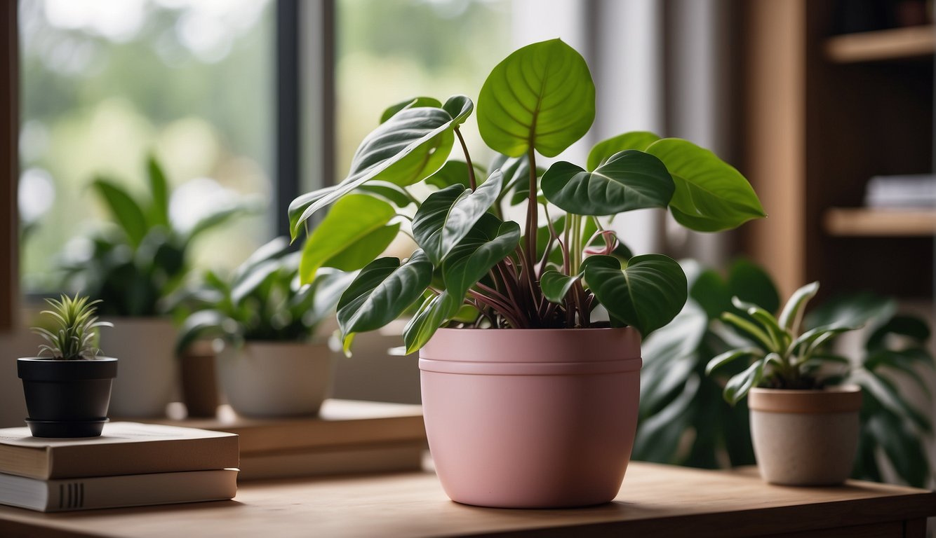 A lush pink princess philodendron sits in a decorative pot, surrounded by propagation tools and a detailed instructional booklet