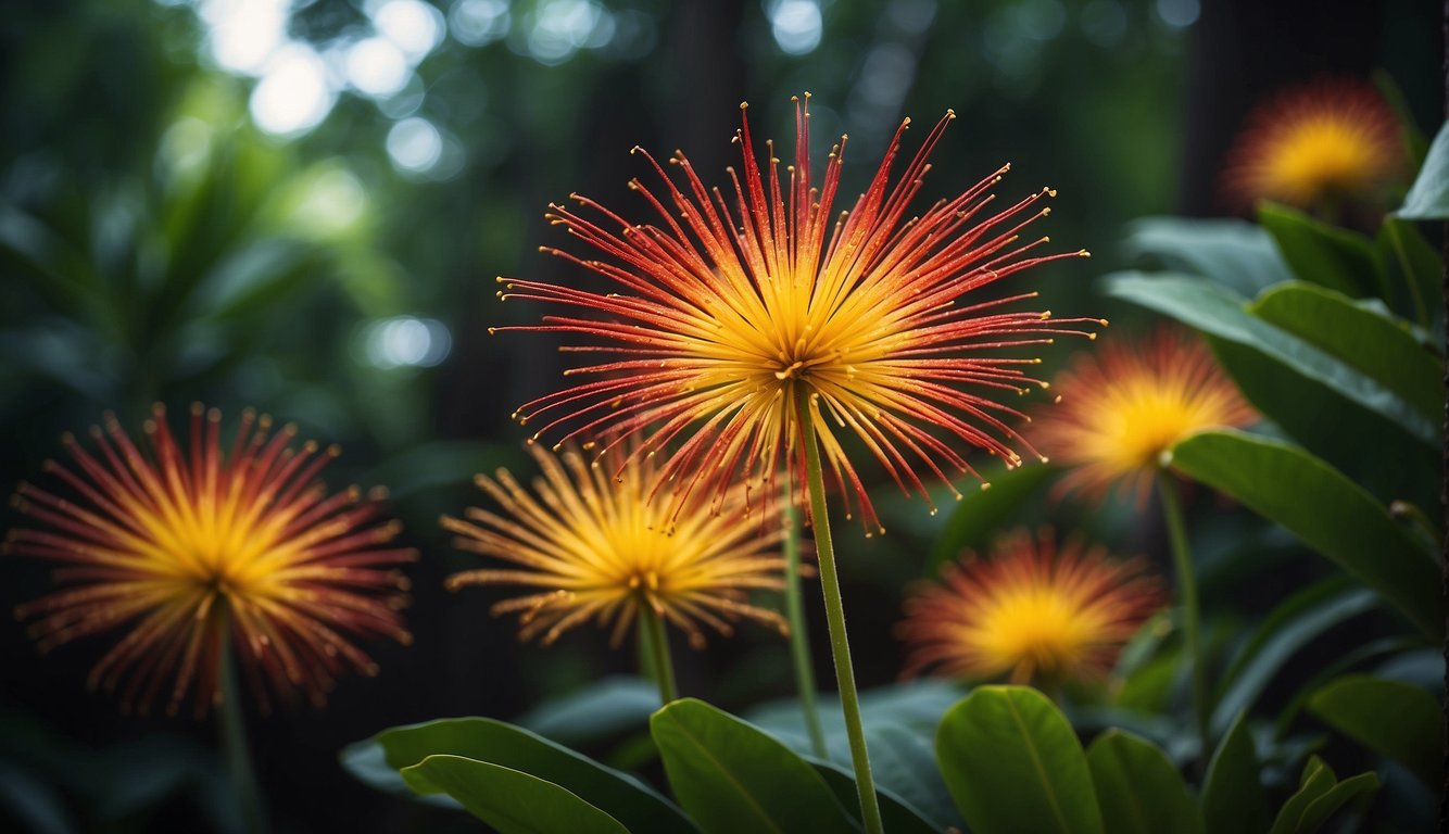 Vibrant red and yellow Brazilian Fireworks flowers burst open, scattering seeds in a lush tropical forest setting