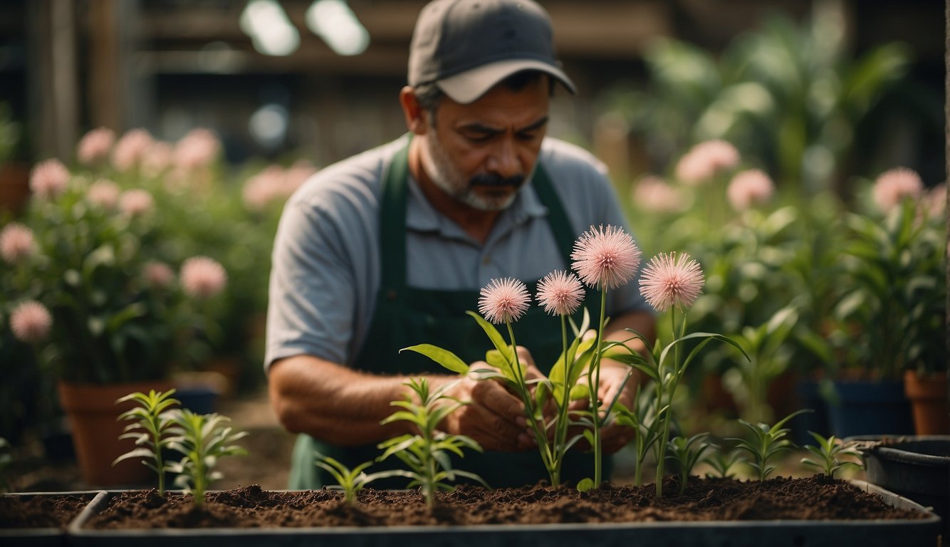 The Brazilian Fireworks plant is being propagated. A gardener carefully tends to the delicate blooms, ensuring proper soil and water levels