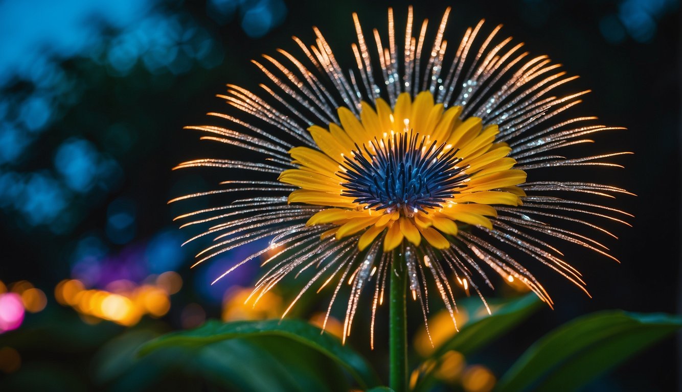 Vibrant Brazilian fireworks bloom in a lush, tropical setting, bursting with color and energy. The flowers stand out against the green foliage, creating a dazzling display