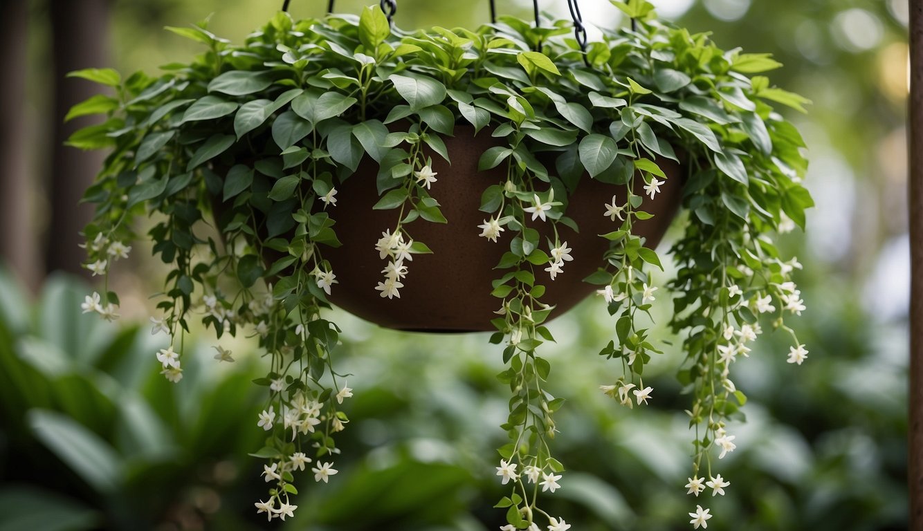 Lush green leaves cascade from a hanging pot, with small clusters of delicate, star-shaped flowers blooming among the glossy foliage