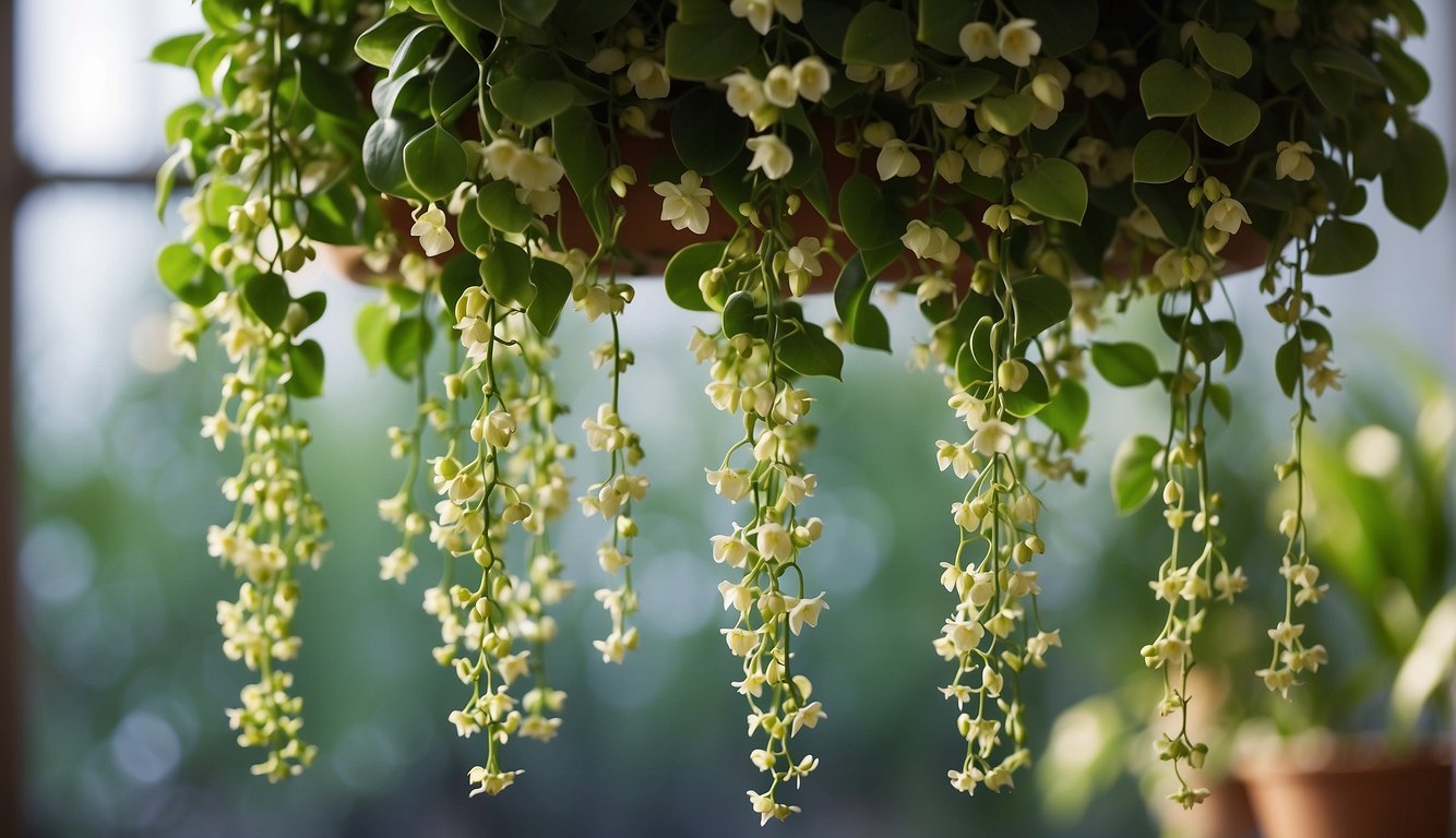 Lush green Hoya carnosa vine dangles from a hanging planter, with long tendrils reaching out and small clusters of waxy, star-shaped flowers blooming along the stems