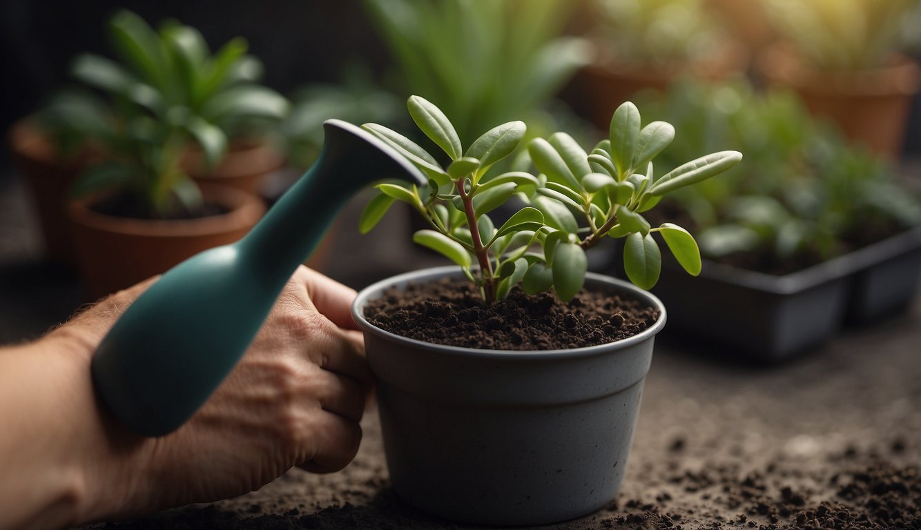 A hand holding a small cutting of a wax plant, dipping it into rooting hormone before placing it into a pot of soil. A watering can sits nearby, ready to nourish the new plant