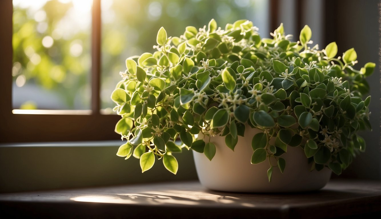A lush green Hoya carnosa plant with long, trailing vines and clusters of waxy, star-shaped flowers. Bright sunlight filters through a nearby window, casting a warm glow on the plant