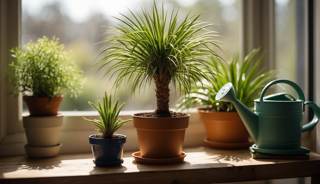 A Ponytail Palm sits in a sunny window, surrounded by small pots of soil and a pair of gardening gloves. A watering can and a propagation guide book are nearby