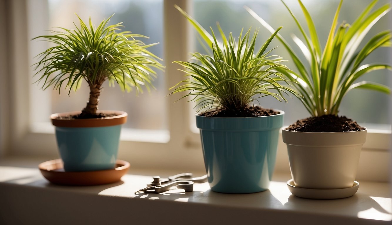 A sunny windowsill with a small pot filled with well-draining soil, next to a healthy ponytail palm plant. A pair of clean gardening shears and a container of rooting hormone are nearby