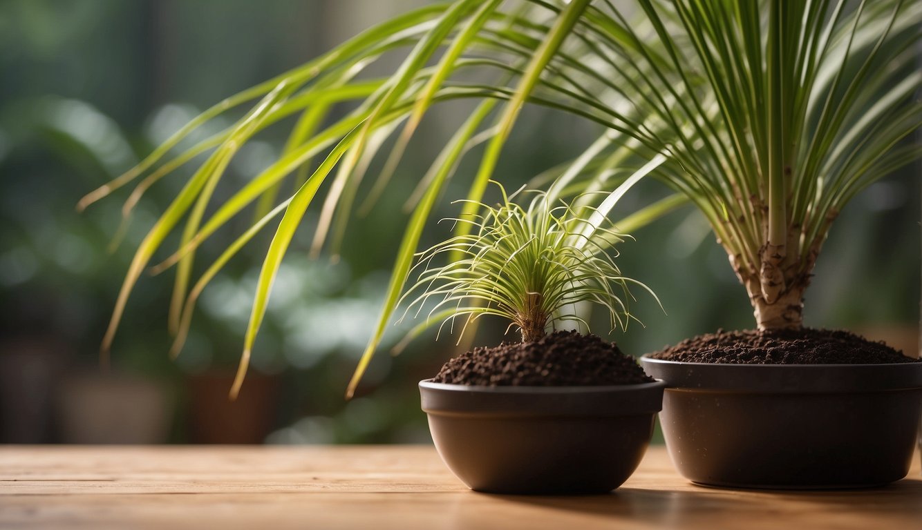 A ponytail palm cutting is placed in a pot of well-draining soil, with the base of the cutting just barely touching the soil. A misting bottle sits nearby, ready to provide the necessary humidity for successful propagation