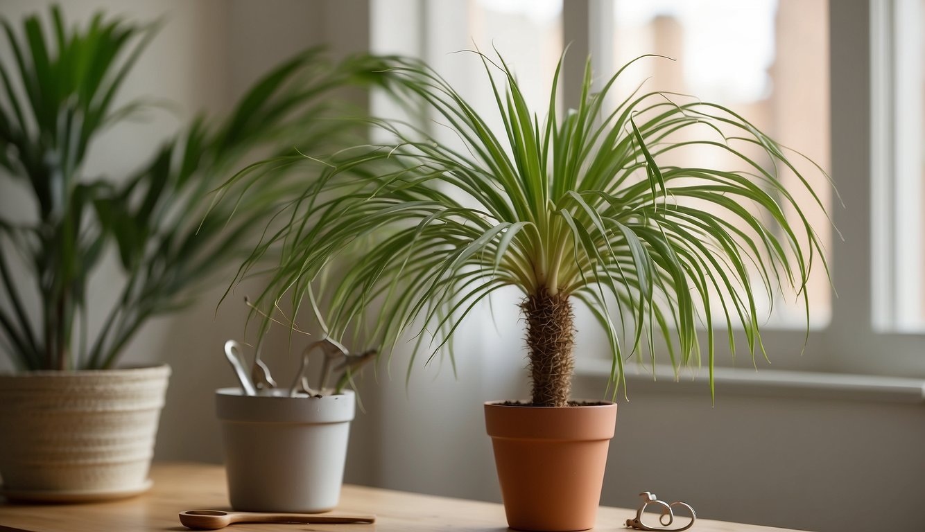 A whimsical ponytail palm sits in a bright, airy room. A small pot with soil and a healthy cutting from the plant is placed on a table. A pair of gardening scissors and a watering can are nearby