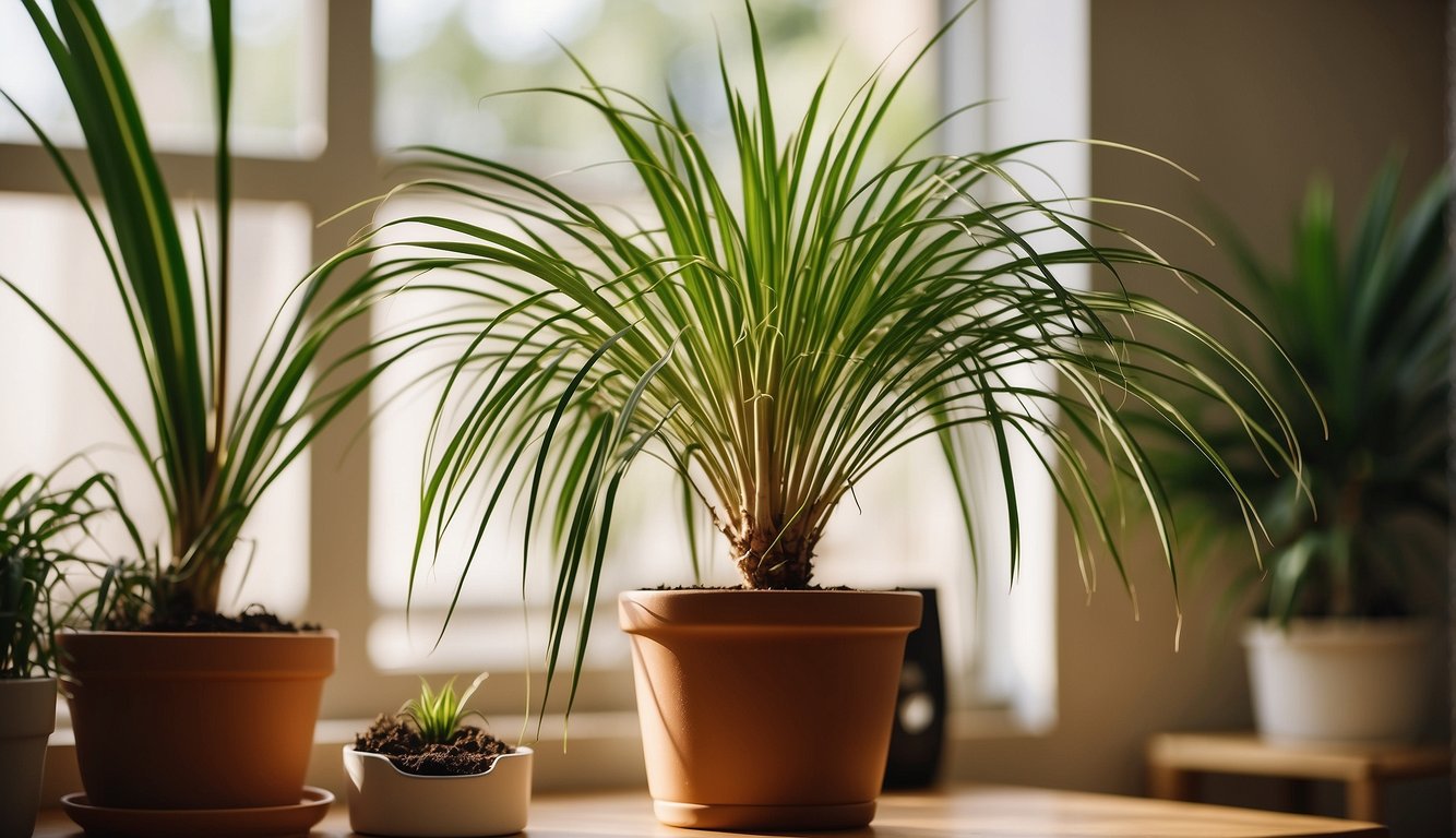 A Ponytail Palm with long, slender leaves stands in a sunny room. A small pot of soil, gardening tools, and a propagation guide lay nearby