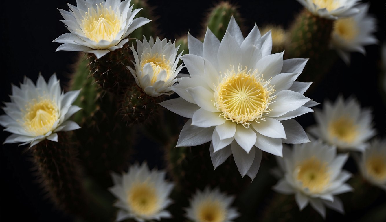 The moonlit garden glows as the Queen of the Night cactus blooms, its large white flowers opening in the darkness, emitting a sweet, intoxicating fragrance