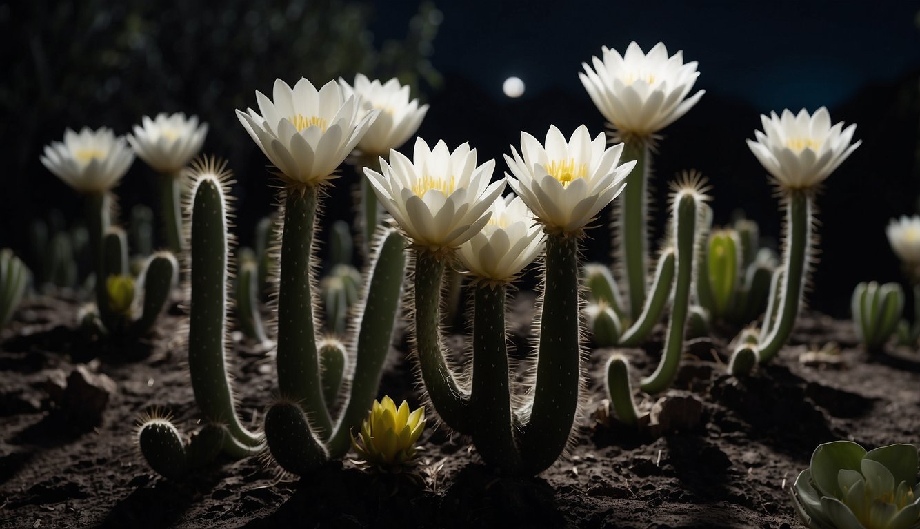 A moonlit garden with blooming Queen of the Night cacti, their large white flowers glowing in the darkness. Vines reaching out, ready for propagation