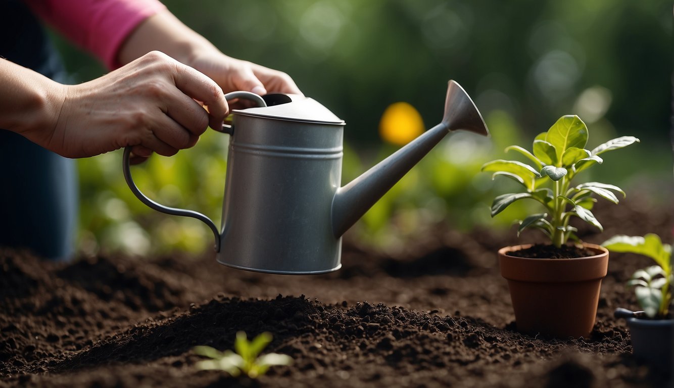 A hand holding a small pot, planting a Queen of the Night cutting in soil. A watering can nearby for aftercare