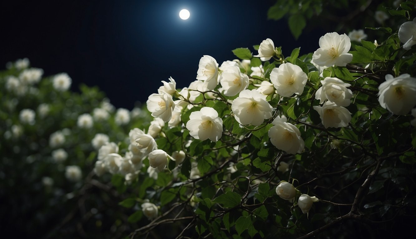 A sprawling vine of Selenicereus grandiflorus adorned with large, fragrant white flowers blooming under the moonlit sky