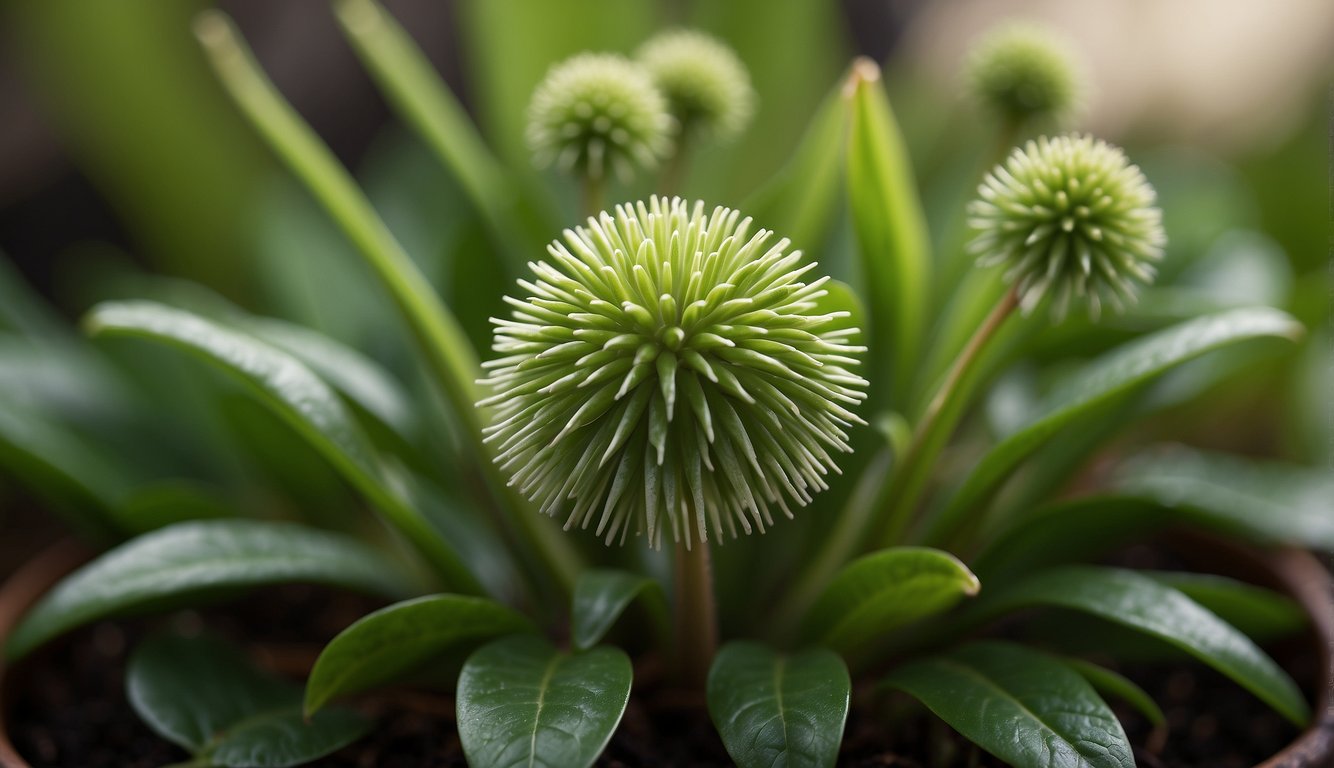 A pincushion peperomia plant with long, slender green spikes. Leaves are fleshy and arranged in a rosette pattern. Multiple stems emerging from the base