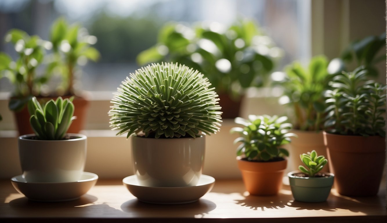 A pincushion peperomia plant with green spikes sits in a small pot. It is surrounded by other potted plants and placed on a sunny windowsill