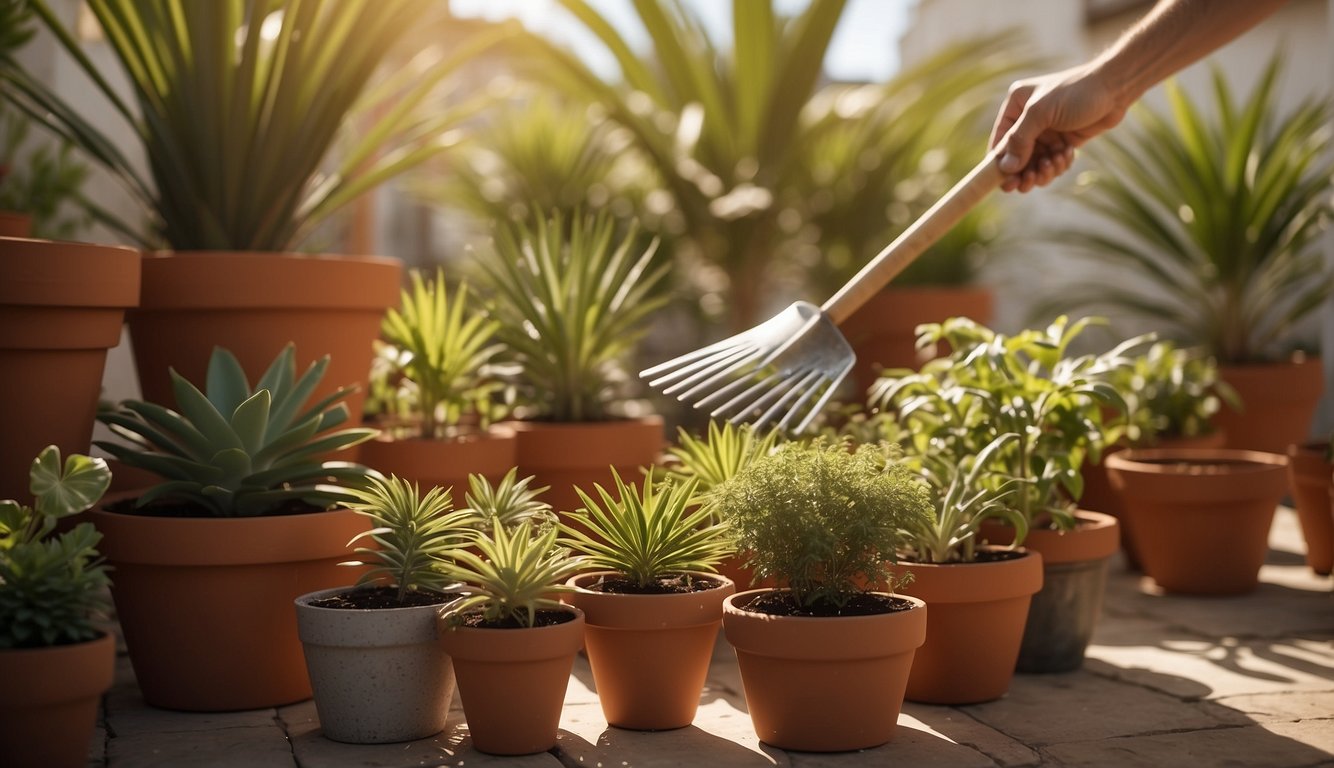 A sunny terrace with terracotta pots, soil, and small fan palm seedlings. A gardener carefully propagates the plants, using a trowel and watering can