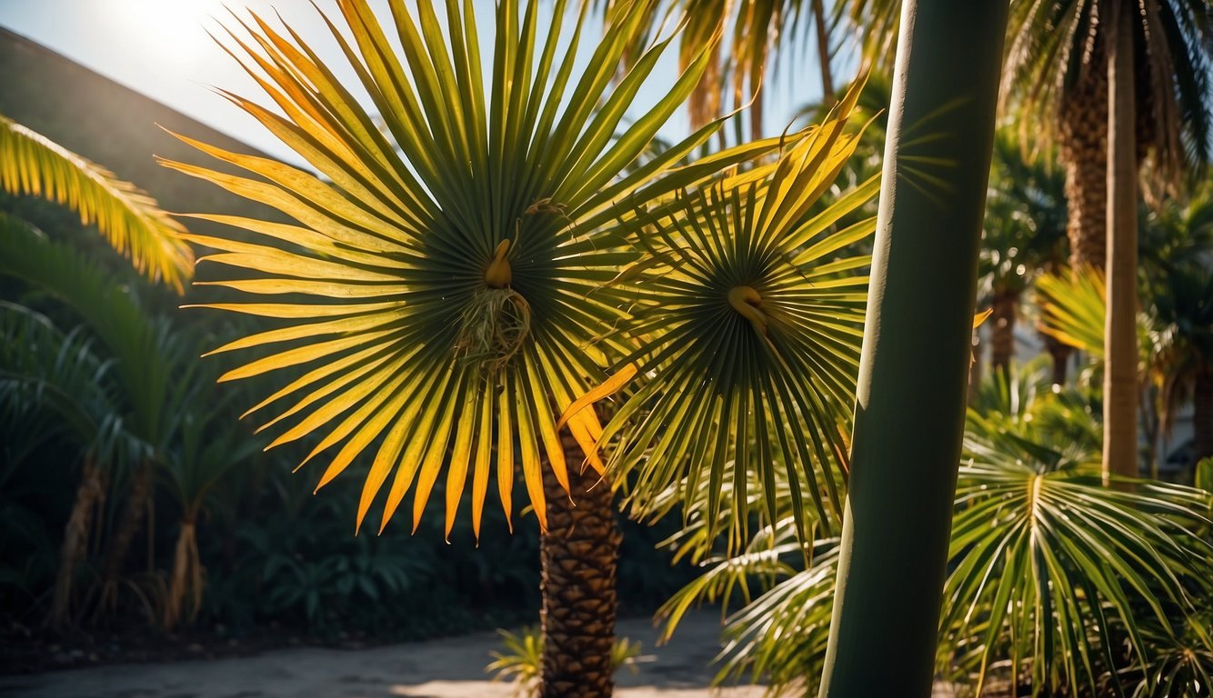 A mature fan palm stands tall, with multiple green fronds radiating from its trunk. Bright sunlight filters through the leaves, casting dappled shadows on the ground. A small cluster of orange fruits hangs from the tree, adding a pop of color