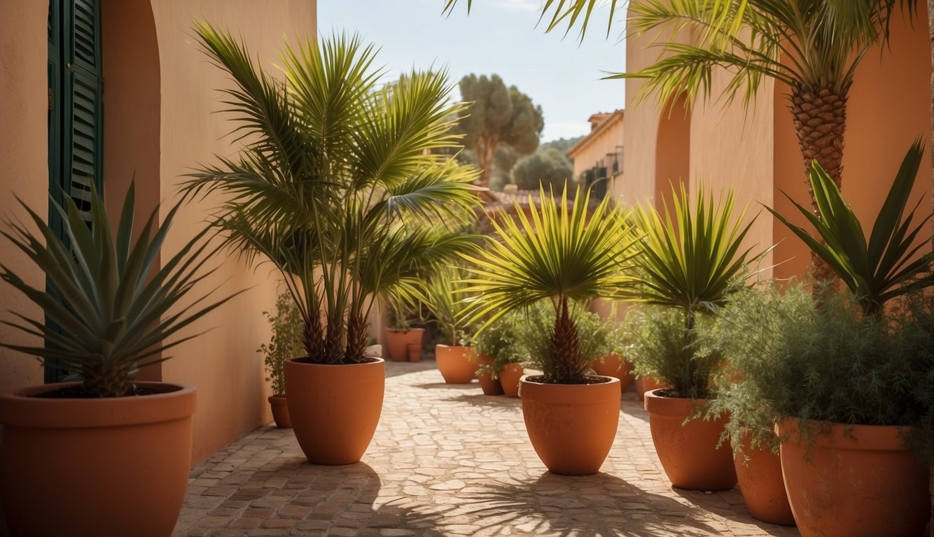 A sunny Mediterranean courtyard with a young Chamaerops humilis fan palm surrounded by terracotta pots and lush greenery