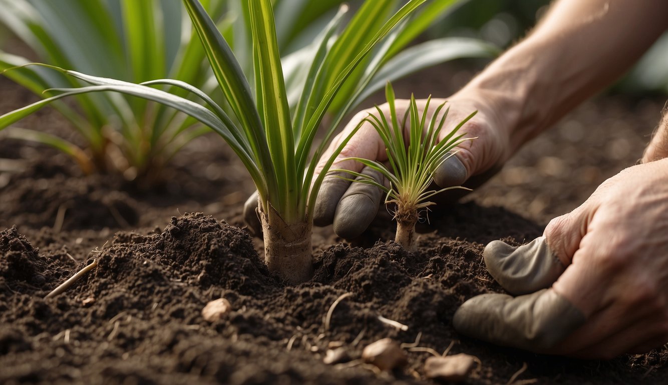A gardener carefully digs soil around small fan palm shoots, gently separating them for propagation
