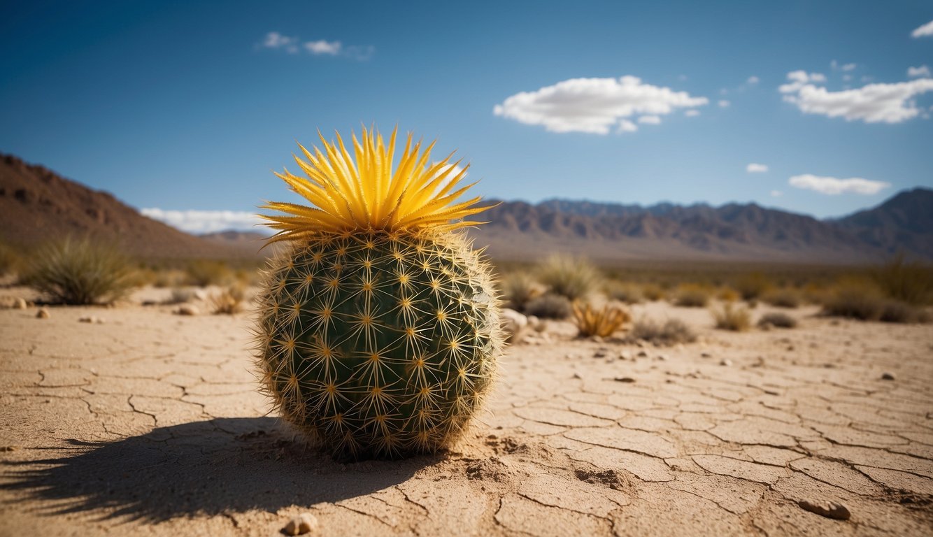A single Golden Barrel Cactus stands tall in the desert, surrounded by dry, sandy terrain. The bright yellow spines contrast against the blue sky, creating a striking image of resilience and beauty