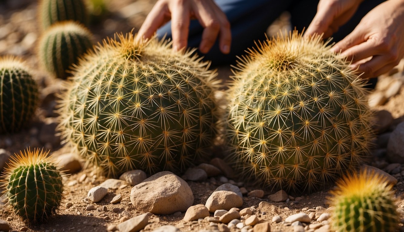 Golden Barrel cactus surrounded by smaller offsets. A gardener carefully removes and replants the offsets, demonstrating propagation methods. Sand and rocks fill the background