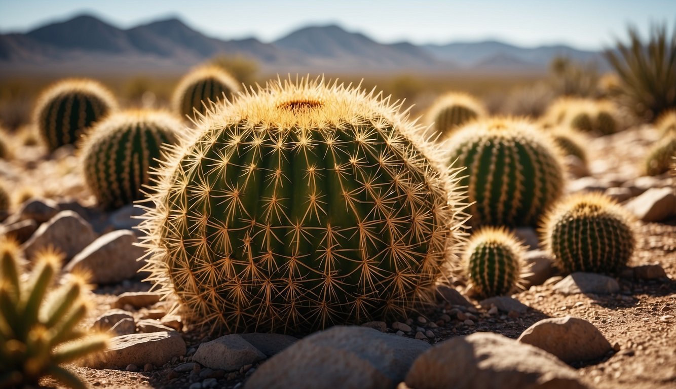 Golden barrel cactus surrounded by small, young cacti. Sunlight filters through the desert landscape, casting shadows on the spiky plants