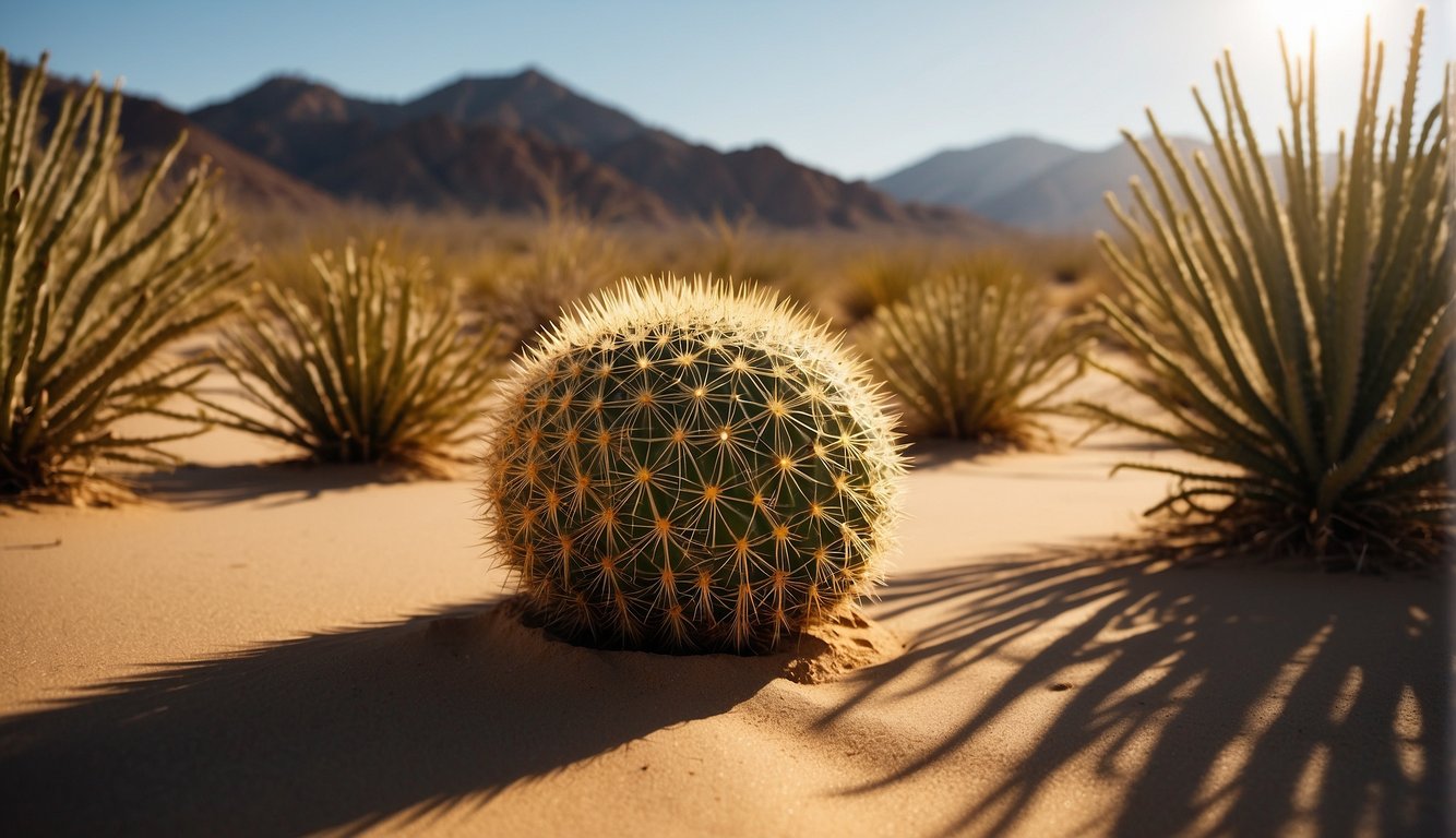 A golden barrel cactus surrounded by sandy desert terrain, with bright sunlight casting shadows on its spiky, spherical form