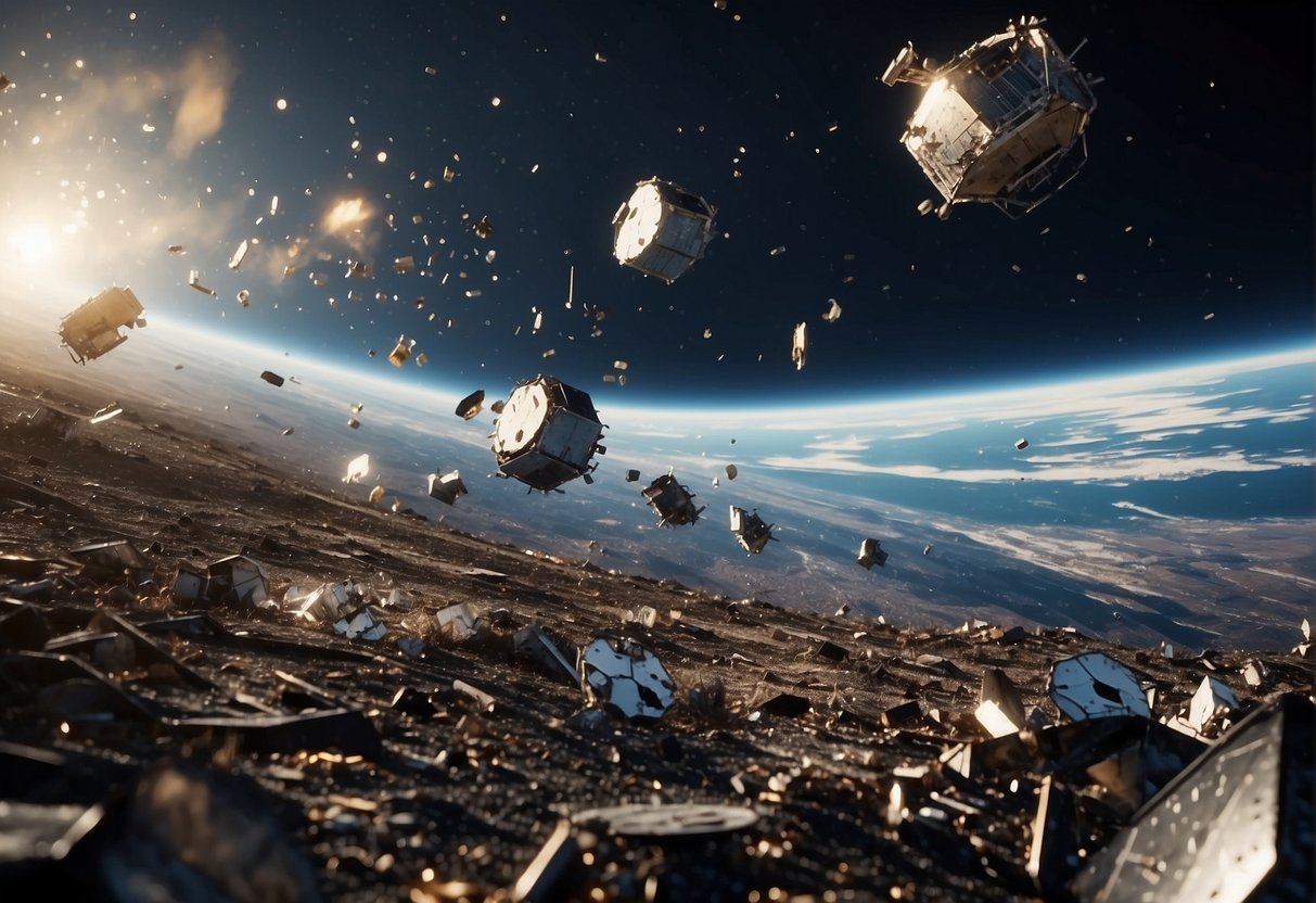 Destroyed satellites orbit Earth, debris creating a hazardous field. A sense of tension and rivalry lingers, echoing the lasting impact of the Cold War in space