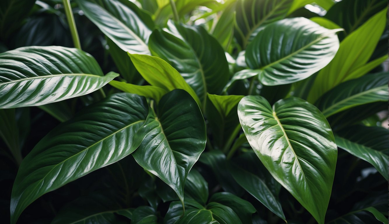 Lush green dumb cane plant with large, patterned leaves surrounded by tropical foliage in a vibrant and thriving environment