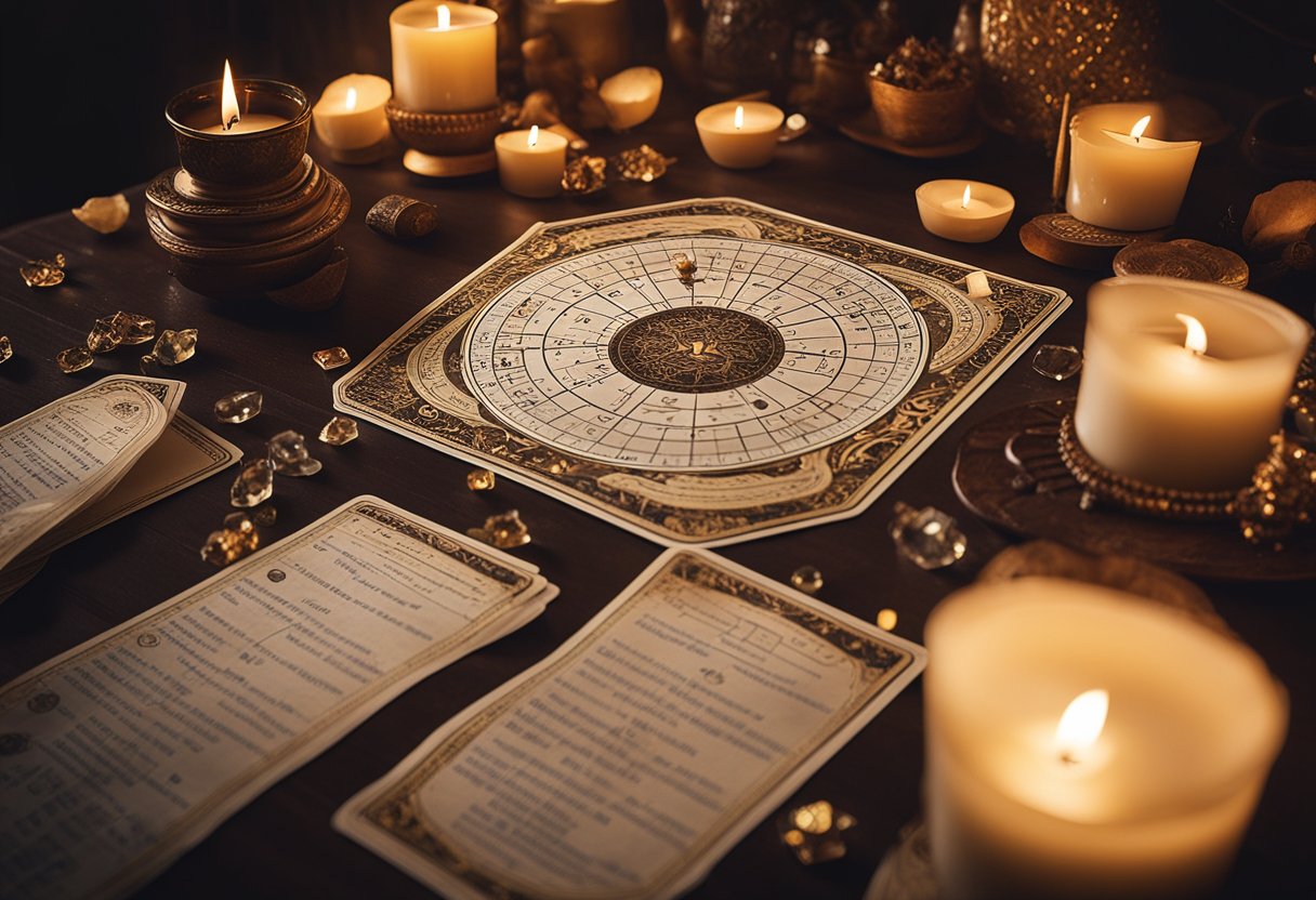 A table set with astrological charts, crystals, and incense. Candles flicker in the dimly lit room as a tarot deck is laid out for a reading