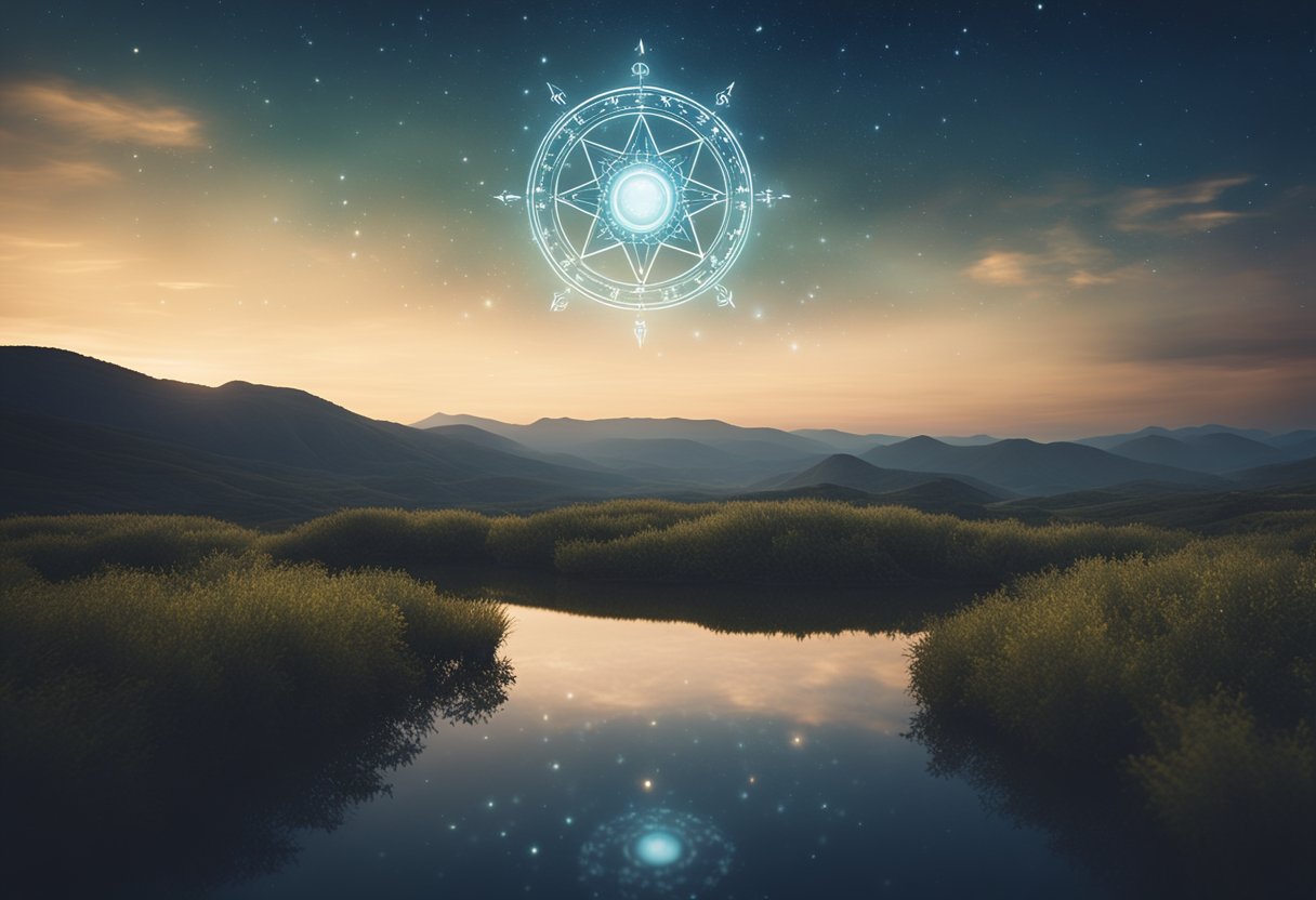 A star-filled sky overlooks a tranquil landscape, with a glowing zodiac wheel hovering in the air. The scene exudes a sense of introspection and contemplation