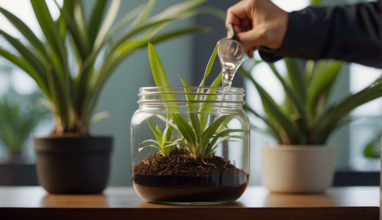 A red-edged dracaena cutting is placed in a jar of water, with new roots beginning to grow. Another cutting is being dipped in rooting hormone before being planted in soil