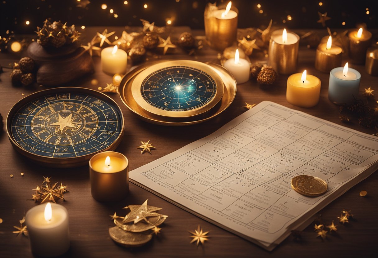A table set with zodiac symbols, candles, and astrological charts. A calendar marking the start of the astrological new year. Stars and planets in the background