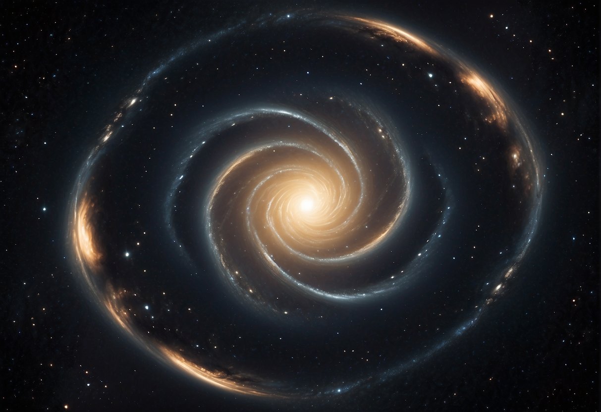 A dark, swirling vortex pulls in nearby stars and planets, emitting a faint glow. The intense gravitational pull distorts the space around it, creating a mesmerizing but terrifying sight