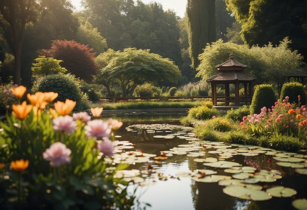 A serene garden with a tranquil pond, surrounded by lush greenery and colorful flowers, with a gentle breeze rustling the leaves