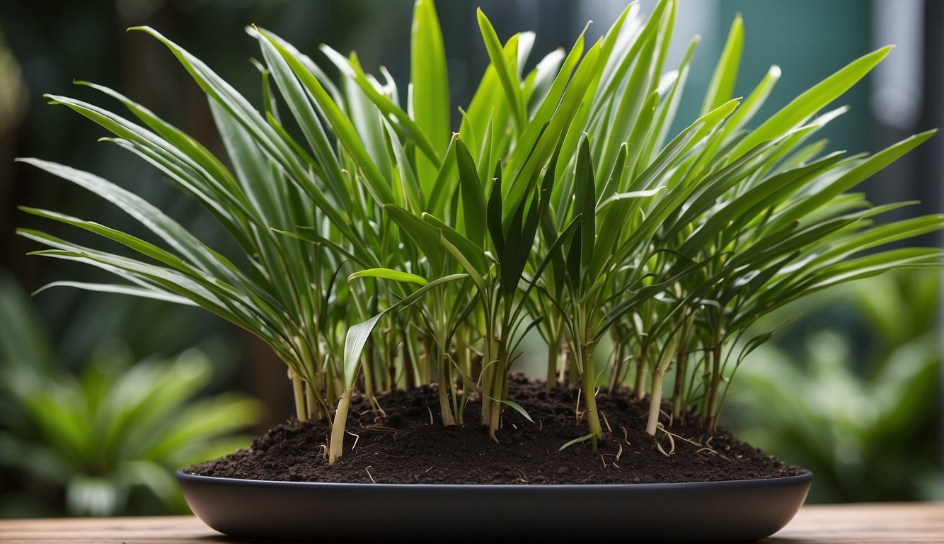 Lush green fronds of Lady Palm cascade from a sturdy base, creating an elegant and symmetrical display. New shoots emerge from the soil, showcasing the plant's easy propagation