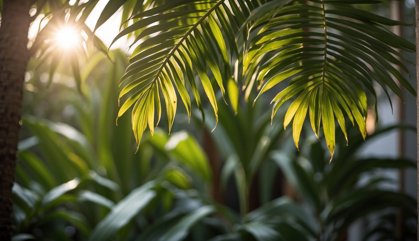 Sunlight filters through lush foliage. Delicate fronds of Lady Palm reach out, ready for propagation. A gardener gently separates the offsets, preparing for new growth