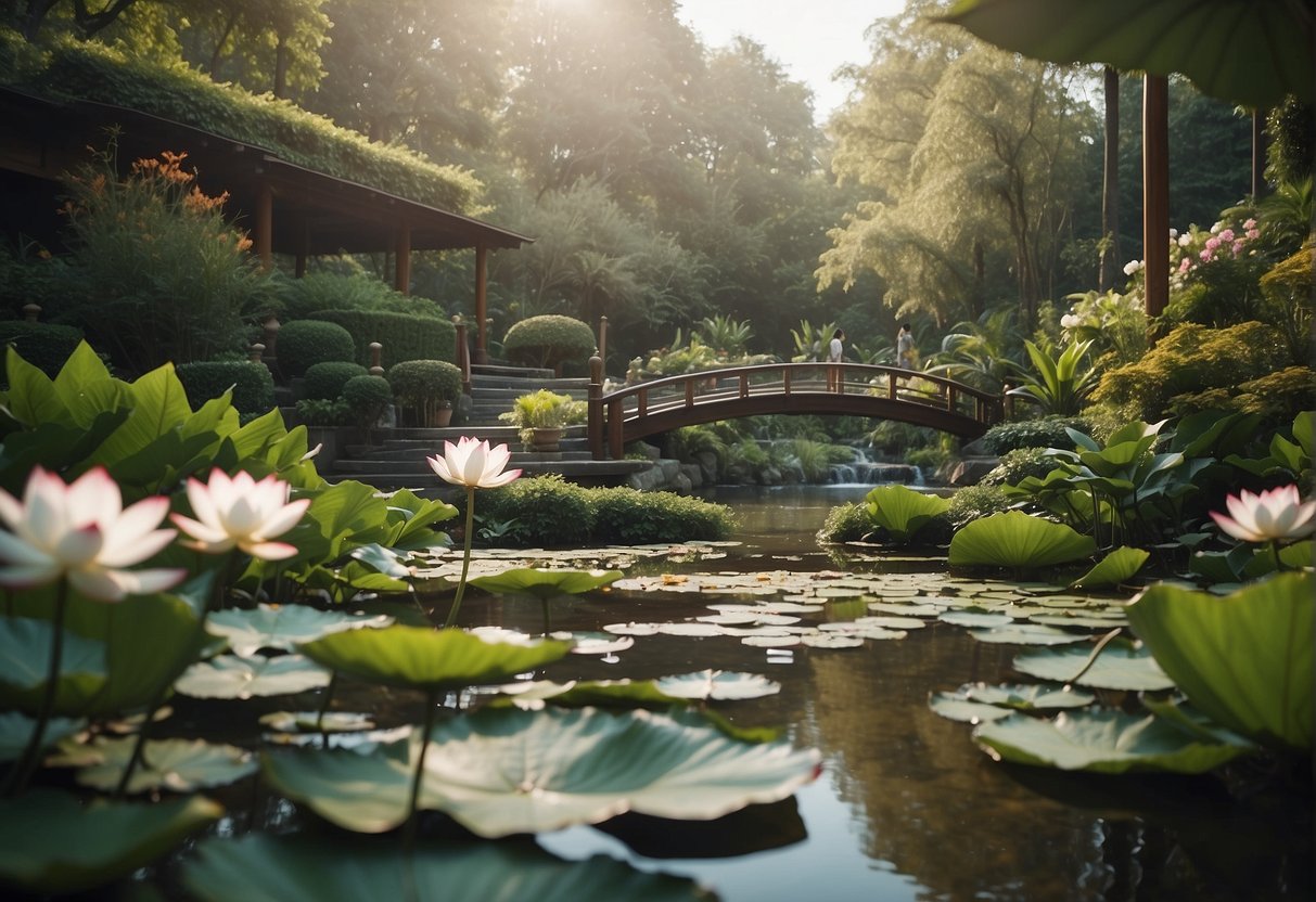 A serene garden with a flowing stream, blooming lotus flowers, and a tranquil meditator surrounded by lush greenery