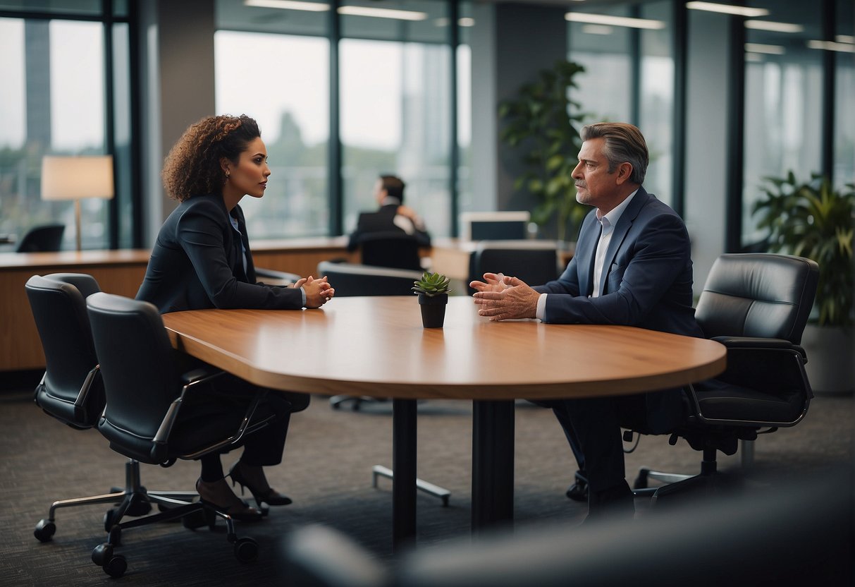 A conference room with two individuals sitting across from each other, engaged in a discussion. A mediator is present, facilitating the conversation. The atmosphere is calm and professional
